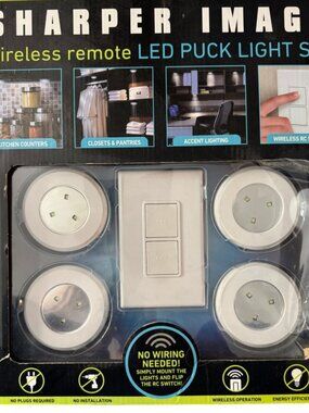 Sharper Image Wireless Remote LED Puck Light Set - 4 Lights With Wall-Mount Remo